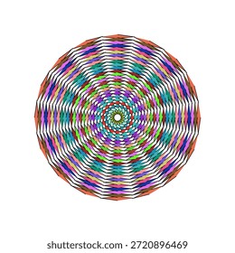 Una intrincada Imagen abstracta con un diseño circular, similar a un mandala compuesto de numerosas Formas geométricas Pequeñas y teseladas. Estas Formas están dispuestas en anillos concéntricos, creando un llamativo efecto espiral que atrae la atención hacia el centro. Una rica paleta de colores, que incluye verdes vibrantes, púrpuras, azules, rojos, rosas, naranjas y azules, llena el diseño, creando un patrón dinámico y visualmente atractivo contra un fondo blanco prístino. La disposición de las Formas también sugiere una ilusión óptica, dando al patrón profundidad y movimiento.