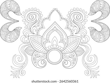 Intricate Abstract Indian Pattern Line Art, Detailed black and white line drawing featuring abstract Indian-inspired floral, swirling, and decorative patterns. Intricate ornamental artwork perfect