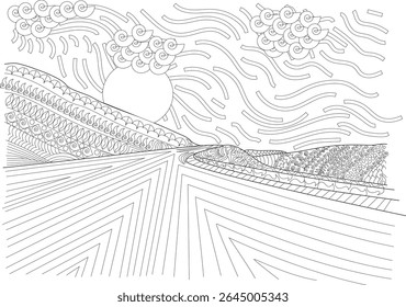 Intricate Abstract Landscape Line Drawing for Adult Coloring Book: Stylized Sun, Swirling Sky, Patterned Hills and Linear Field - Therapeutic, Meditative Art in Van Gogh Style for Relaxation.