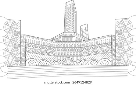 Intricate abstract line art illustration of a stylized city building, reminiscent of landmark architecture like the World Trade Center, designed for coloring books or decorative graphic design.