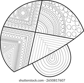 Intricate abstract line art illustration for adult coloring books, featuring a complex geometric and organic pattern with diverse shapes, perfect for relaxation, mindfulness, and creative expression.