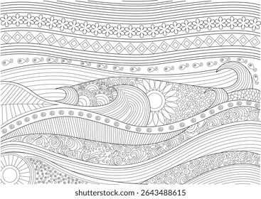 Intricate Abstract Line Art Pattern with Nature Elements, Detailed black and white line drawing featuring various intricate patterns, including waves, swirls, dots, geometric shapes, and stylized
