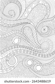 Intricate Abstract Line Art Pattern, A highly detailed and intricate abstract pattern rendered in black and white line art. Features a complex composition of waves, swirls, circles, dots, geometric