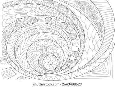 Intricate Abstract Line Art Pattern, Abstract black and white line drawing with complex interwoven patterns, perfect for coloring books, backgrounds, or design elements. Features swirling lines,