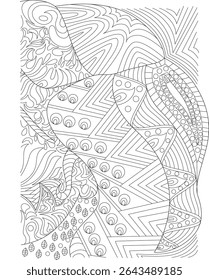 Intricate Abstract Line Art Pattern, Intricate black and white abstract line art pattern featuring a variety of geometric and organic shapes, swirls, circles, waves, triangles, and leaves. This