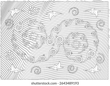Intricate Abstract Line Art Pattern with Floral and Geometric Elements, A detailed black and white line drawing featuring an intricate abstract pattern. The design incorporates organic swirling