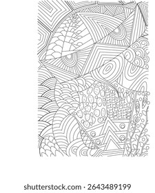 Intricate Abstract Line Art Pattern, Detailed black and white illustration featuring a complex composition of intricate abstract patterns, including geometric shapes, organic lines, waves, circles,