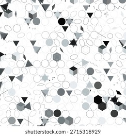 An intricate abstract monochrome pattern features a dynamic array of geometric shapes like circles, triangles, cubes, hexagons, and stars. Black, white, and grey tones create a complex, modern digital art background with sophisticated visual texture.