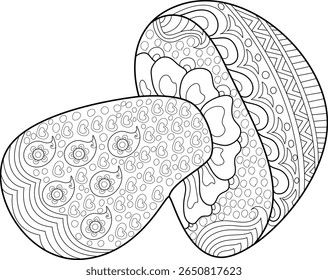 Desenho de linha de arte de cogumelo abstrato intrincado para livros de colorir adultos. Formas orgânicas detalhadas com Paisley, coração e padrões geométricos para Zen, Mindfulness e relaxamento criativo.