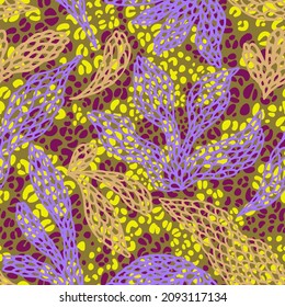 Intricate abstract nature background. Floral seamless pattern made of leaf silhouettes on animal skin leopard spots texture. Good for fashion, textile, fabric.