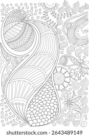 Intricate Abstract Paisley and Floral Doodle Pattern, Detailed black and white line art drawing featuring an intricate abstract pattern composed of paisley shapes, stylized flowers, swirling