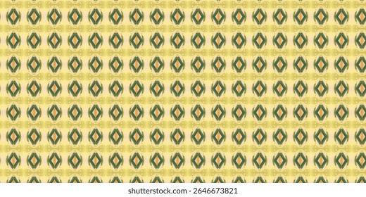 Intricate abstract pattern with green and orange diamond shapes on a yellow-beige background. Stylish and vibrant, perfect for textile, art, or digital design projects.