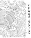 Intricate Abstract Pattern Line Art, Detailed black and white line drawing featuring a variety of intricate abstract patterns, floral elements, paisley shapes, and geometric designs. Ideal for adult
