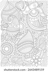Intricate Abstract Pattern Line Art, Detailed black and white line drawing featuring intricate abstract patterns, including paisley shapes, floral elements, leaves, swirls, circles, and geometric