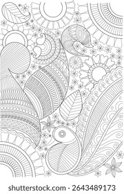 Intricate Abstract Pattern Line Art, Detailed black and white line drawing featuring a variety of intricate abstract patterns, floral elements, paisley shapes, and geometric designs. Ideal for adult