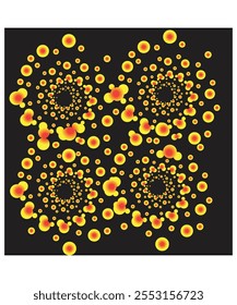 An intricate abstract pattern of yellow spirals and glowing bubbles set against a black background. Ideal for futuristic designs, digital art, or creative decorations.