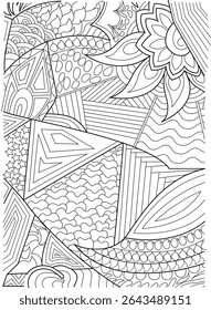 Intricate Abstract Patterns for Coloring and Design, A detailed black and white line illustration featuring a complex arrangement of diverse abstract patterns, including geometric shapes, stars,