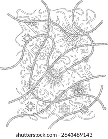 Intricate Abstract Patterns Line Art, Complex black and white line art illustration featuring intricate abstract patterns, stars, geometric shapes, and flowing lines connected by beaded elements.
