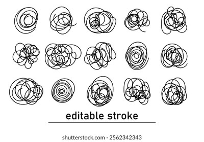 Intricate abstract scribbles. Editable Stroke. Hand drawn line of stress. Depression symbols. Circular chaotic lines. Tangled jangle of lines