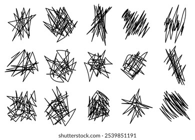 Garabatos abstractos intrincados. Línea de tensión dibujada a mano. Símbolos de depresión. Líneas sombreadas.