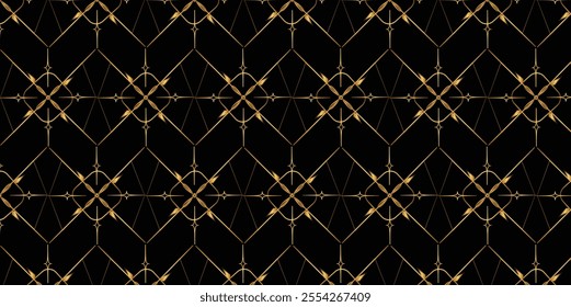 An intricate abstract seamless geometric pattern with black, gold, and brown accents, ideal for modern and luxurious design projects.