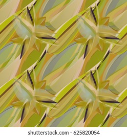 Intricate abstract seamless pattern with buds, leaves and flowers in olive, brown and various green color tints. Watercolor effect, tropical motifs.