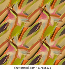 Intricate abstract seamless pattern with geometrical flowers and leaves. Digital artwork with watercolor brush strokes imitation. Green, olive, brown, orange autumn colors, halftones.