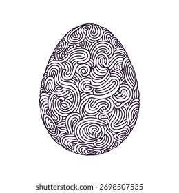 O intrincado padrão abstrato de linha de giro preenche uma forma estilizada de ovo de Páscoa, renderizada como uma ilustração de vetor monocromático em um fundo branco.