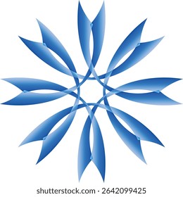 An intricate abstract symmetrical design featuring layers of interlocking blue curved shapes, forming a dynamic floral pattern ,