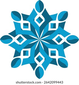 An intricate abstract symmetrical design featuring layers of blue geometric shapes forming a star or snowflake pattern, creating depth and a cool aesthetic