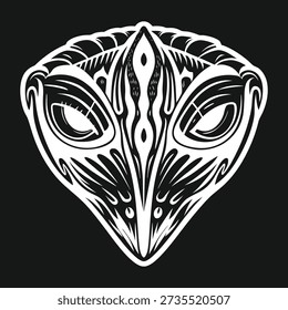 Intricate Alien Head Design - Black and White Vector Illustration for Sci-Fi Projects and Mysterious Concepts