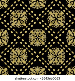 Intricate Arab Seamless Pattern with Beautiful Fleur de lis Flourish Ornament and Geometric Combine Delicate Repeat Pattern. Mystery Royal Gold Luxury Grid Repeat Style for Fabrics Tiles Floor Textile