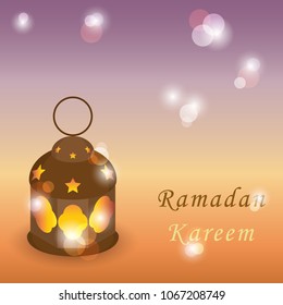 Intricate Arabic lamp with lights on shiny background. Greeting islamic muslim Ramadan holiday background with eid lantern or lamp