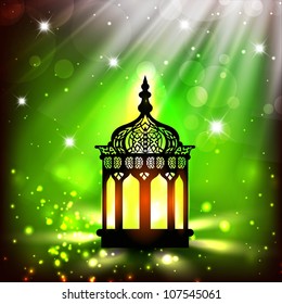 Intricate Arabic lamp with lights on shiny green background. EPS 10.