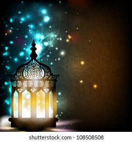 Intricate Arabic lamp with lights on shiny background. EPS 10.