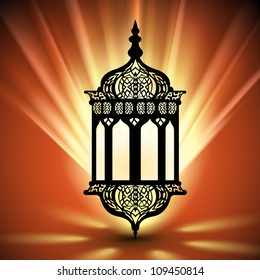 Intricate arabic lamp with lights shiny rays background for Ramadan Kareem and other events. EPS 10.