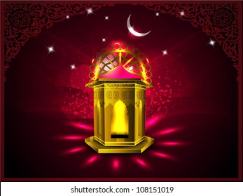 Intricate Arabic lamp with Moon and stars on shiny background. EPS 10.