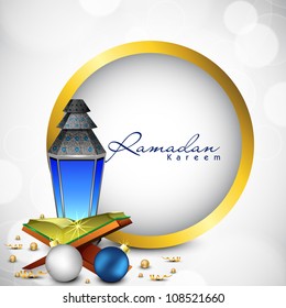 Intricate Arabic lamp with Quran or Koran for Ramadan Kareem background. EPS 10.