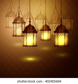 Intricate Arabic lamps with lights 