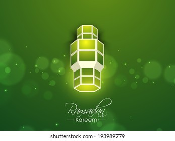 Intricate arabic lantern or lamp on shiny green background for holy month of muslim community Ramadan Kareem, beautiful greeting card or invitation card design. 