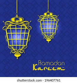 Intricate arabic lanterns on abstract blue background for holy month of muslim community Ramadan Kareem.