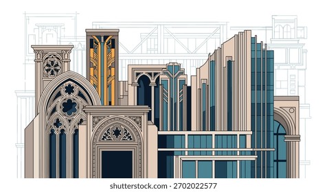 Uma intrincada colagem arquitetônica apresentando diversos estilos de construção históricos e contemporâneos, desde ornamentados góticos a elegantes estruturas Art Déco e modernas.