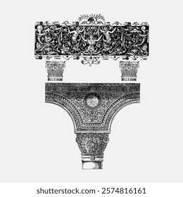 Intricate architectural engraving ornate, classical designs. The engraving showcases detailed patterns, classical motifs, and intricate artistry. Vintage home decor illustration isolated, vector.