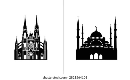 Intricate architectural silhouettes of a grand gothic cathedral and a classic islamic mosque side by side.