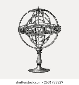 Intricate armillary sphere illustration. Vintage armillary design. Detailed  sphere art. Classic armillary illustration. Armillary sphere sketch. Vintage illustration vector.