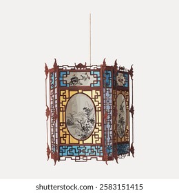 Intricate Asian lantern with colorful panels. Lantern features detailed artwork. Traditional lantern design. Lantern adds cultural elegance to decor. Vintage Japanese illustration vector.