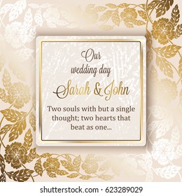 Intricate baroque luxury wedding invitation card, rich gold decor on beige background with frame and place for text, lacy foliage with shiny gradient