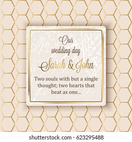 Intricate baroque luxury wedding invitation card, rich gold decor on beige background with frame and place for text, lacy foliage with shiny gradient