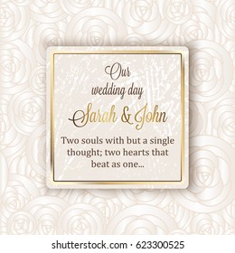 Intricate baroque luxury wedding invitation card, rich gold floral decor on beige background with frame and place for text, lacy foliage with shiny gradient