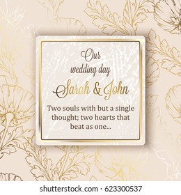 Intricate baroque luxury wedding invitation card, rich gold decor on beige background with frame and place for text, lacy foliage with shiny gradient